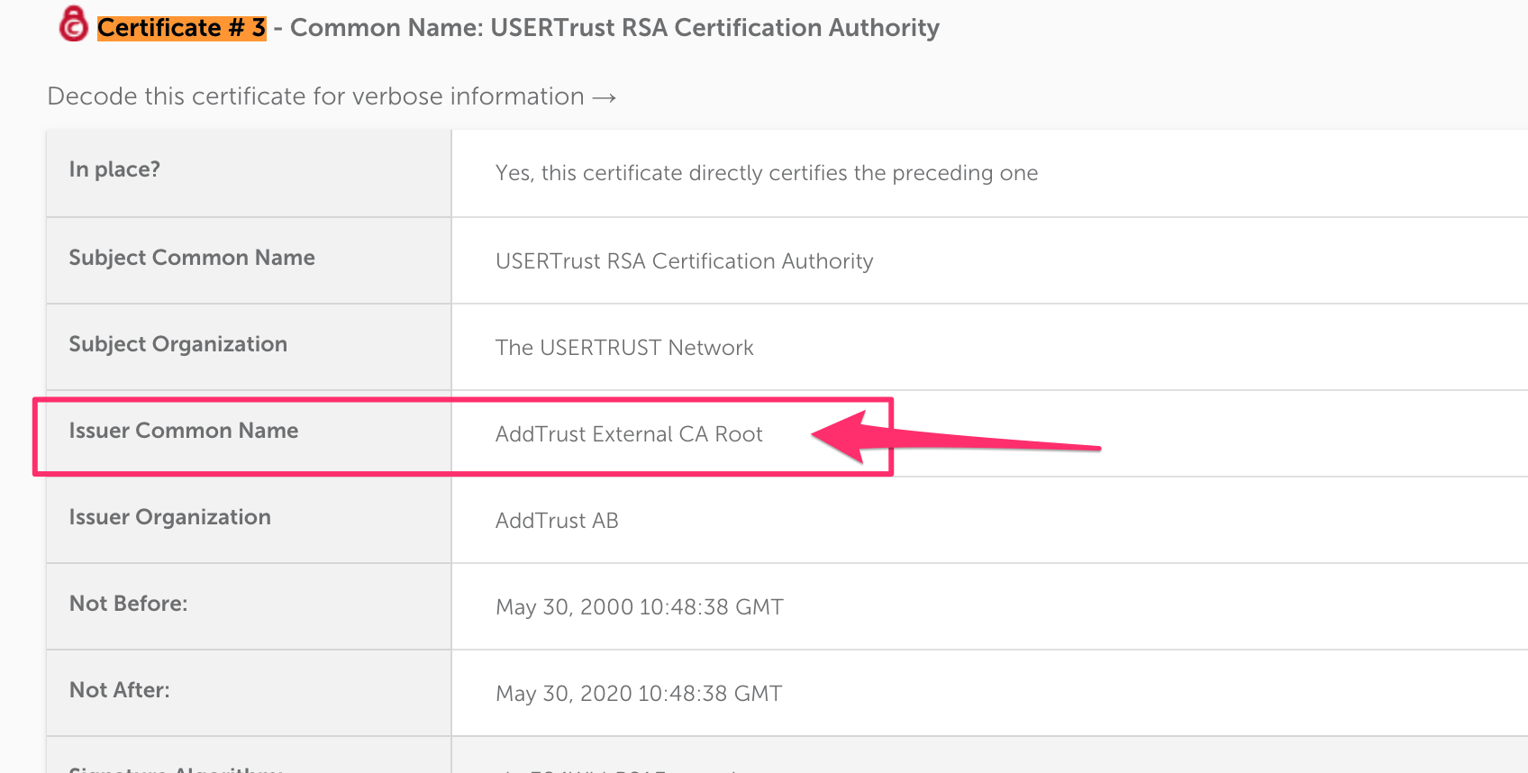 issuer common name addtrust external ca root